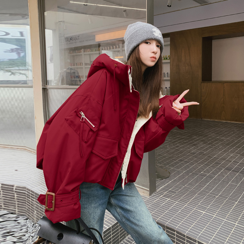 安可拉红工装派克服女2025冬季新款甜酷炸街撞色加绒加厚棉服外套