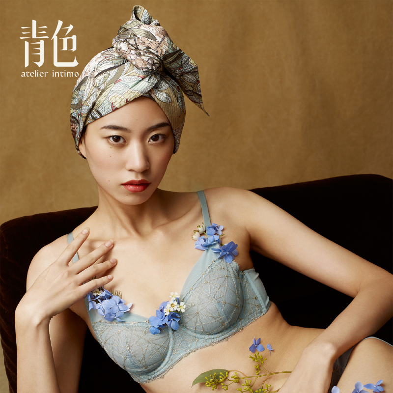 atelier intimo/青色【宝石全罩杯】蕾丝刺绣记忆钢圈文胸