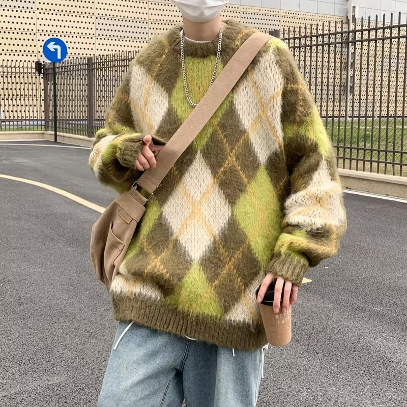 情侣装复古高级感秋冬菱形格子套头宽松慵懒风针织衫男女同款毛衣