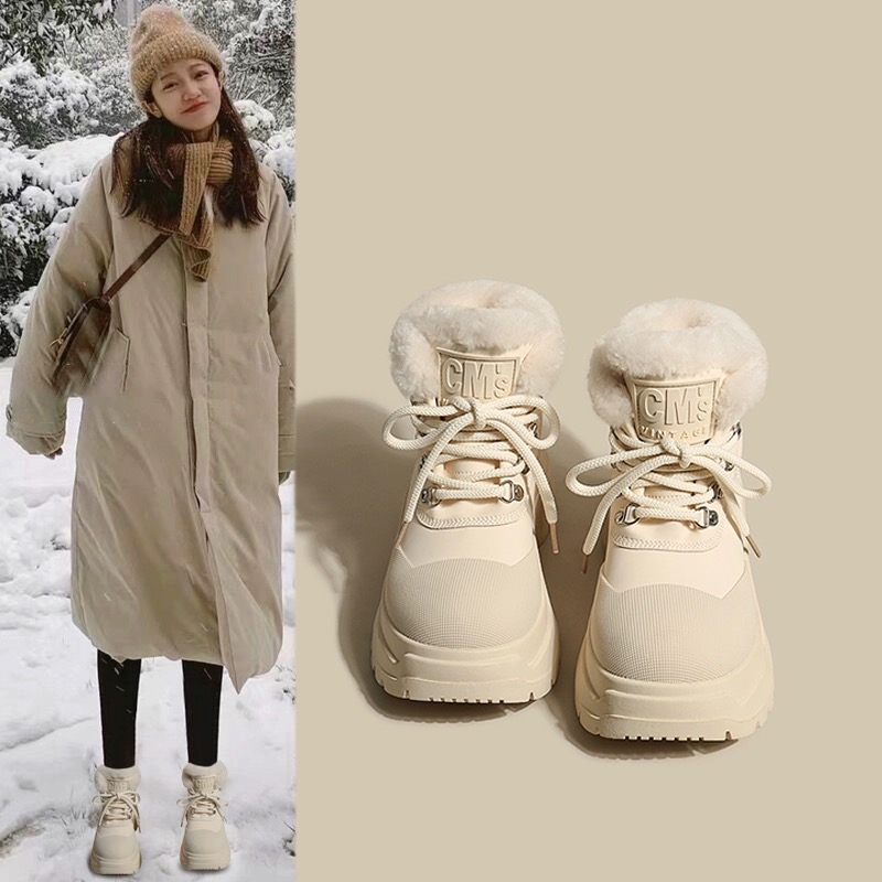 红蜻蜓牌皮毛一体雪地靴女2023新款冬季加绒加厚保暖棉鞋系带厚