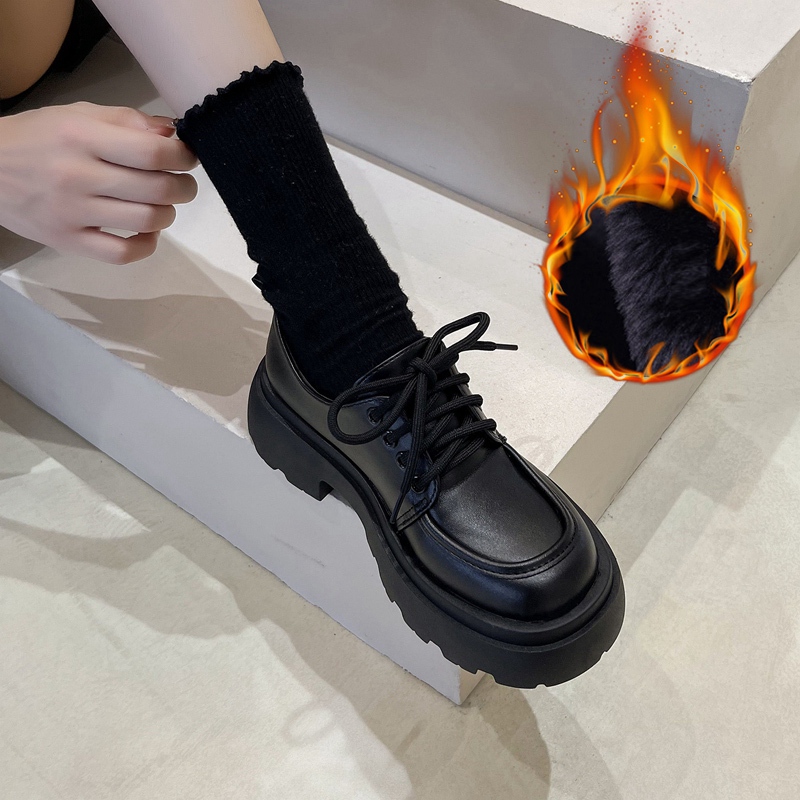 红蜻蜓牌英伦风厚底小皮鞋女2023新款秋冬百搭黑色jk单鞋松糕乐