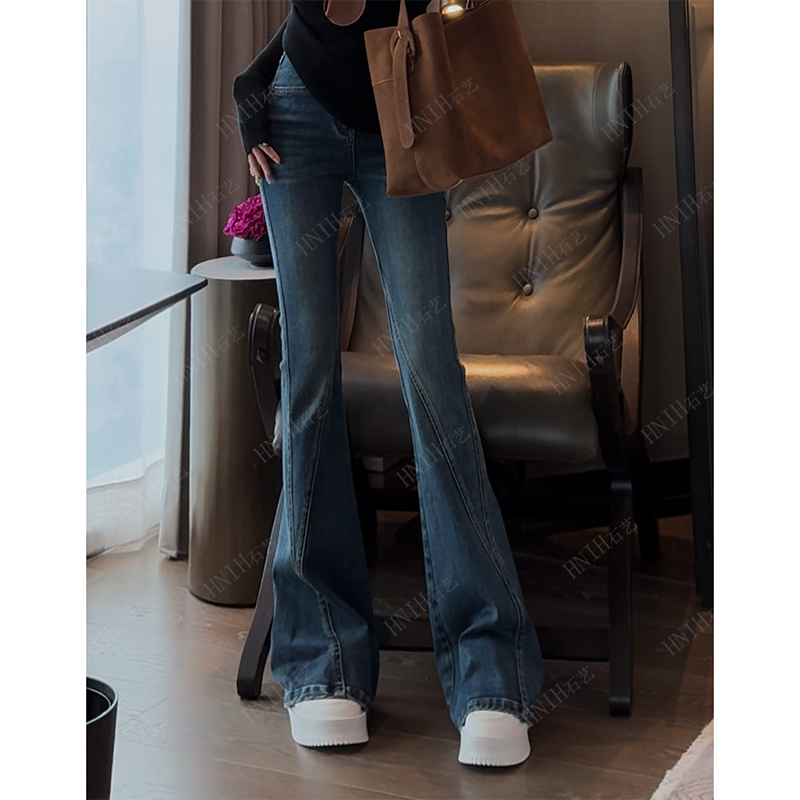 HNIH石艺2024秋季新款休闲拼接显瘦高弹80700牛仔喇叭裤