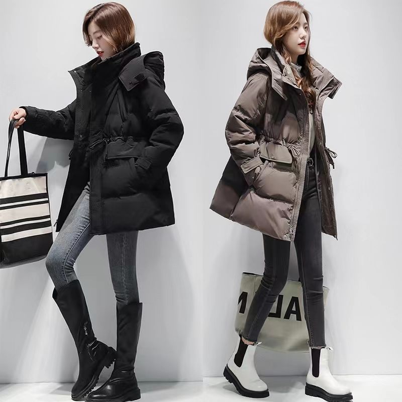 白鸭绒户外羽绒服女2023年新款连帽收腰中长款加厚保暖外套