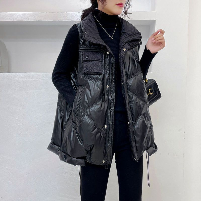 2023新款白鸭绒300斤大码亮面加厚羽绒服马甲女时尚潮流宽