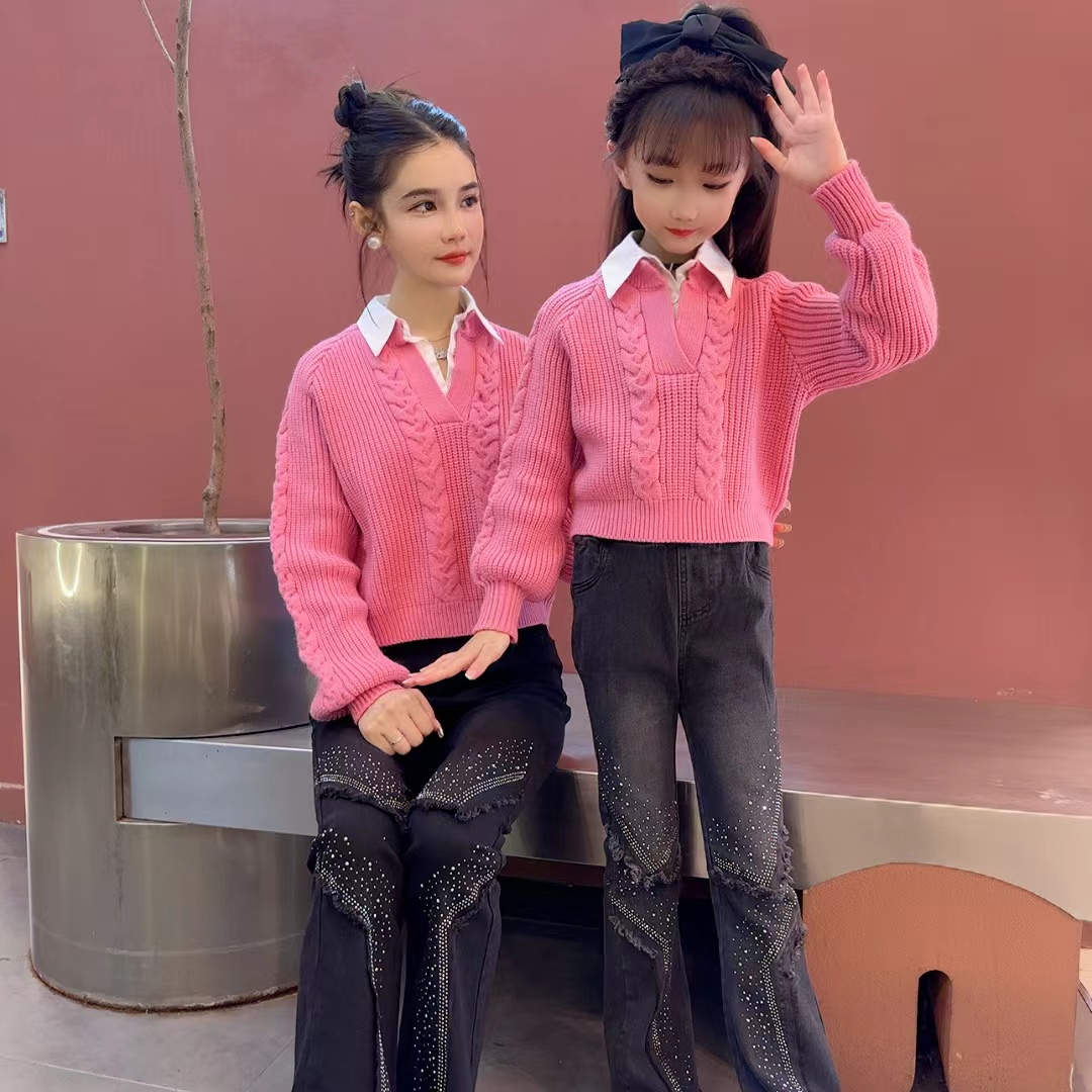 女童小众韩系假两件polo领毛衣针织衫百搭烫钻牛仔微喇裤秋冬套装