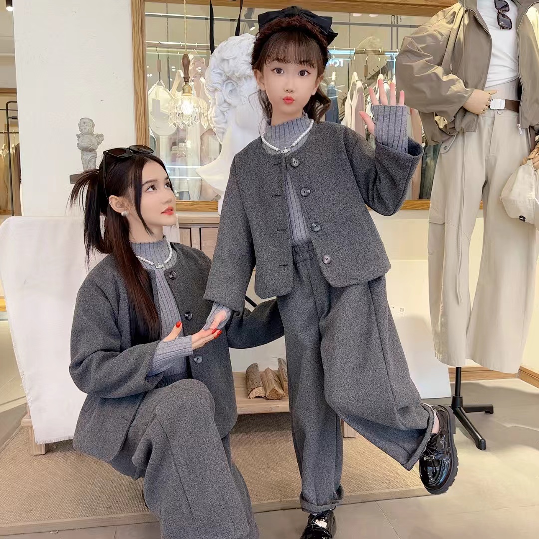 2025春款加厚毛呢2件套韩系男女宝宝套装韩范2件套洋气中大童