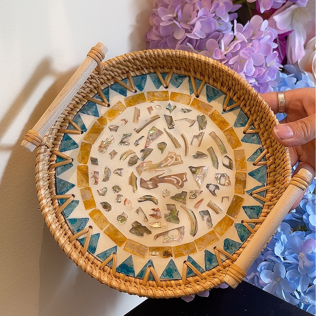 带提耳虞美人天然藤编贝壳盘*2