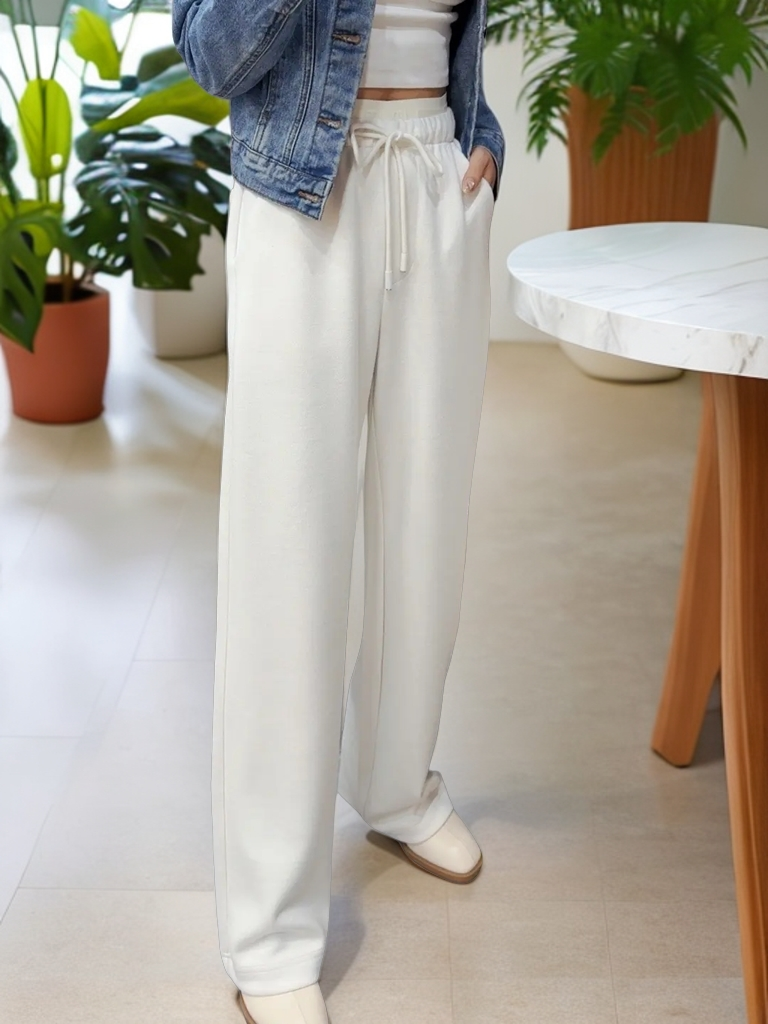 （053）原创设计休闲中高腰松紧加厚直筒裤垂感简约气质百搭时尚