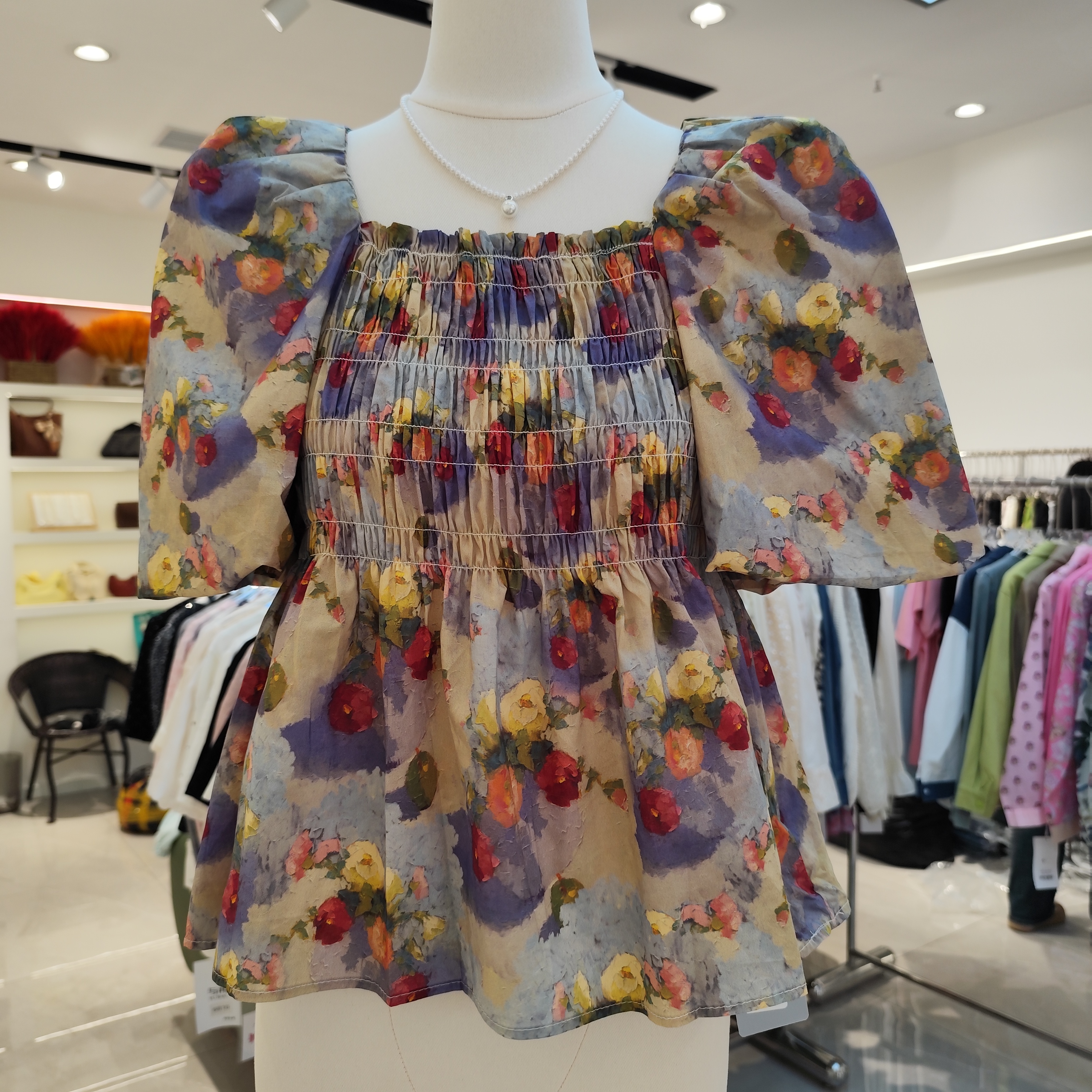 衬衫时尚上衣碎花夏季小衫雪纺衫泡泡袖