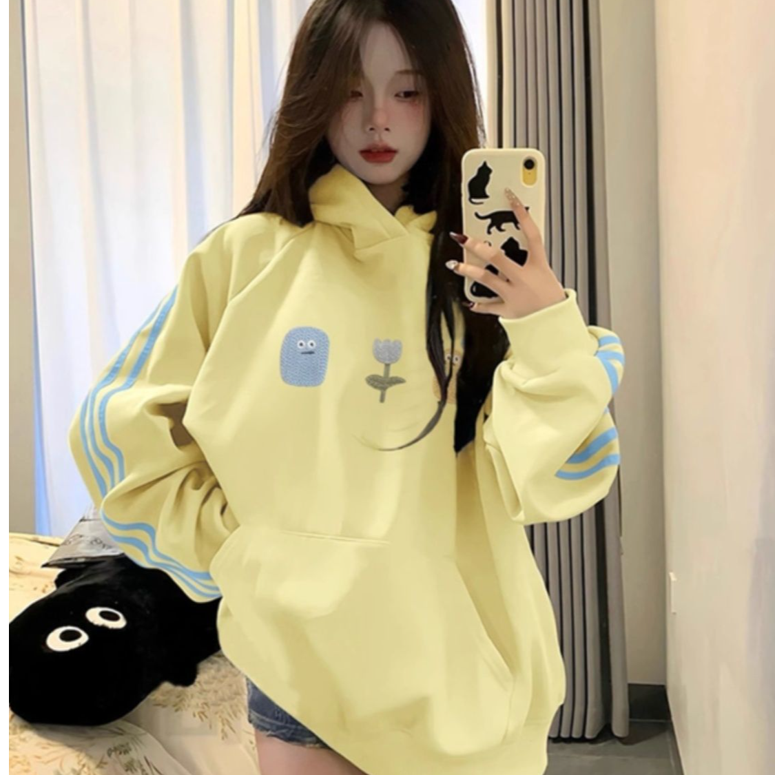 黎帮主 慵懒风甜辣刺绣连帽卫衣女2024秋款三条杠宽松韩版ins上衣