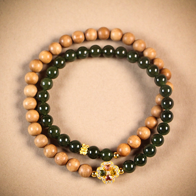 四叶草 印度上等正宗老山檀天然和田玉碧玉双圈手串女士精美文玩