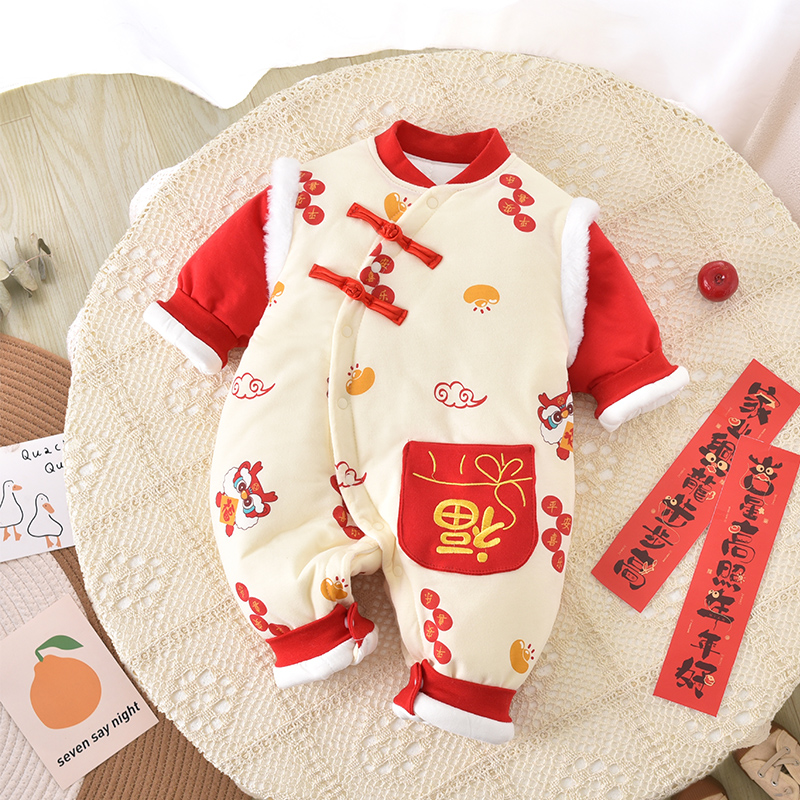 婴儿连体衣夹棉加厚棉衣新生幼儿爬服宝宝衣服冬装拜年外出服