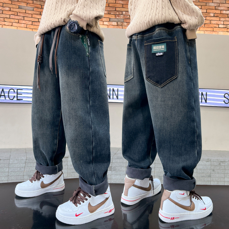 巴拉巴拉男童牛仔裤冬装加绒加厚长裤2023新款洋气中大儿童冬季一