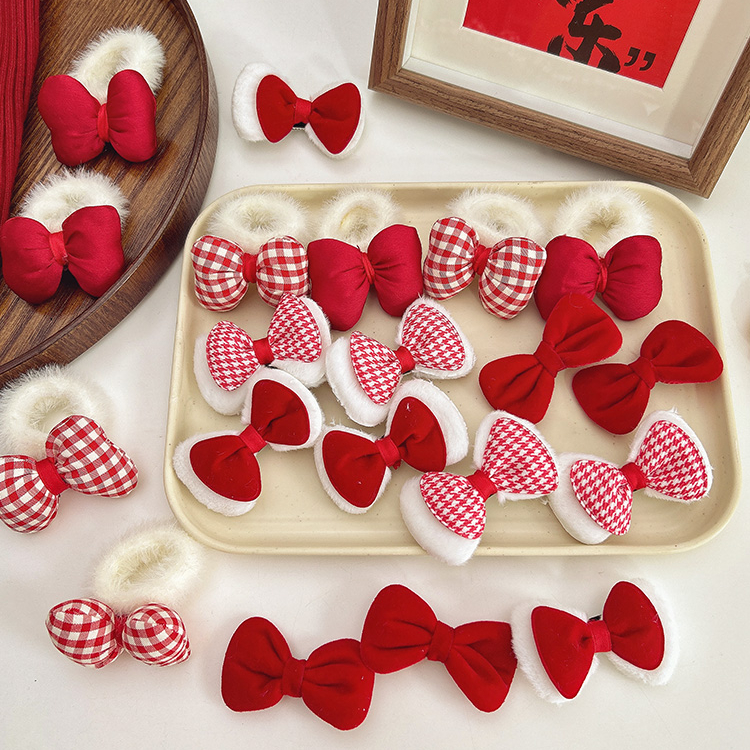 儿童红色蝴蝶结毛绒发圈女童可爱头绳扎头发皮筋秋冬女童毛毛头饰