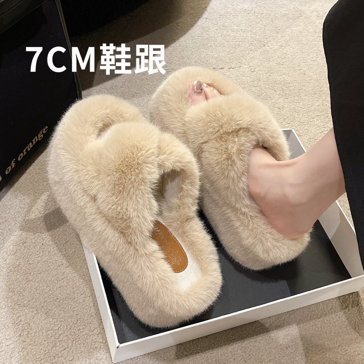 卓诗尼沿荐厚底增高毛毛拖鞋女2022秋冬新款居家外穿网红时尚松糕