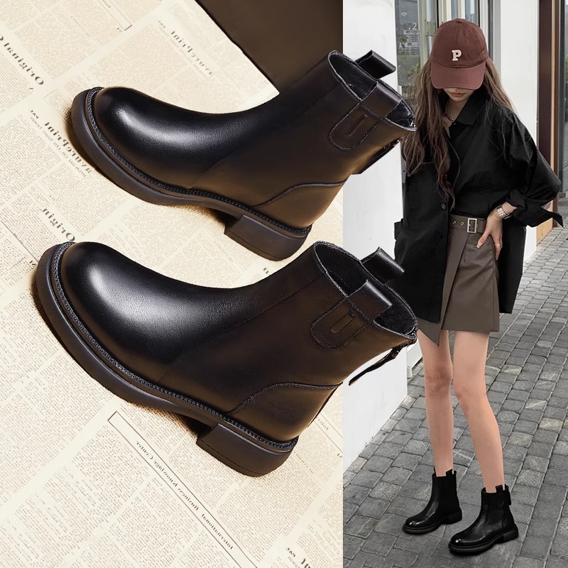卓诗尼沿荐瑞软皮瘦瘦靴女款2023春秋新款平底单靴子秋冬短筒中跟