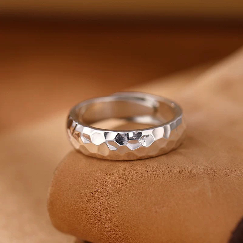 足银戒指 足银999戒指锤纹不规则开口指环时尚潮流百搭开口男女款