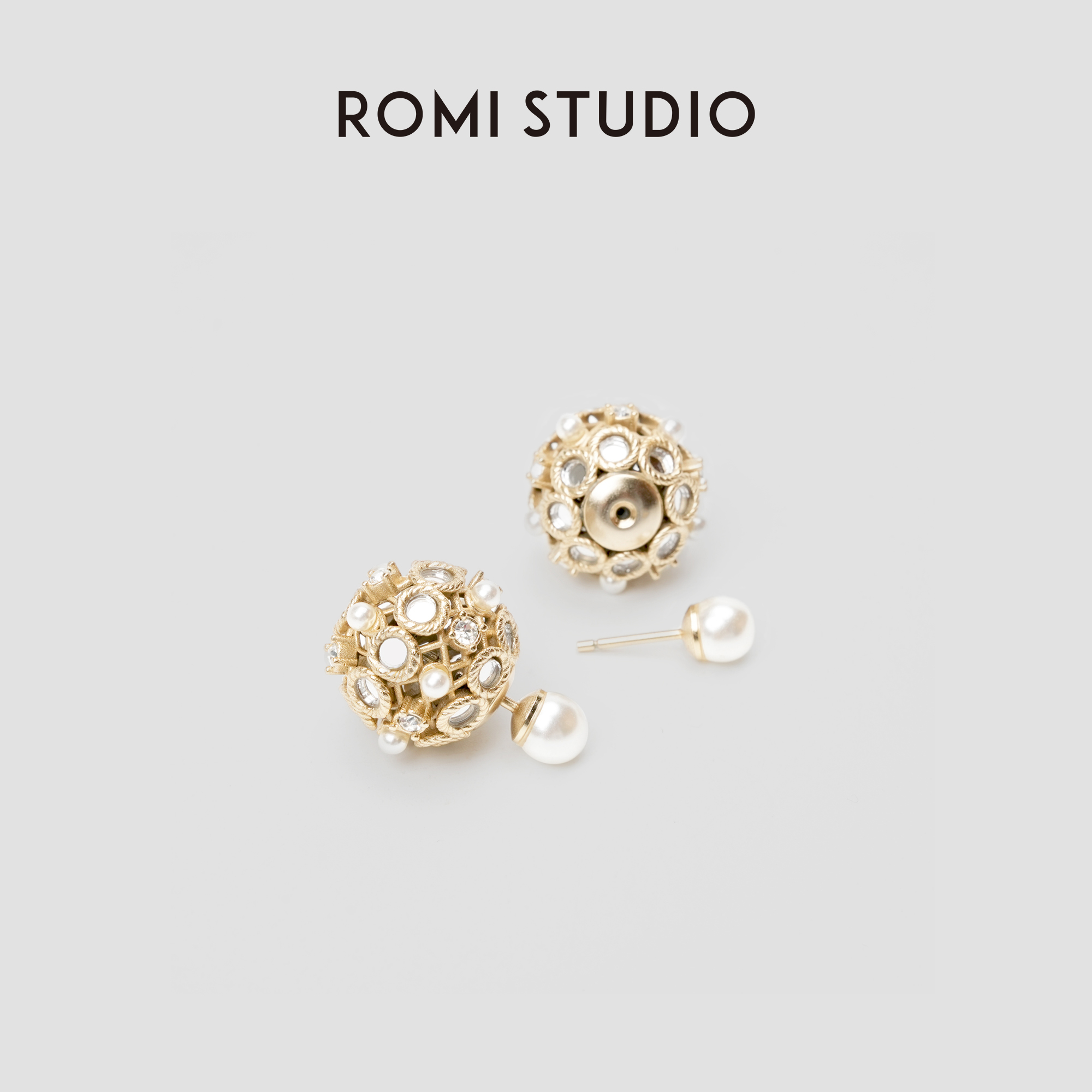 ROMI STUDIO“法式优雅”复古百搭圆形镂空花球耳钉 23AWS041