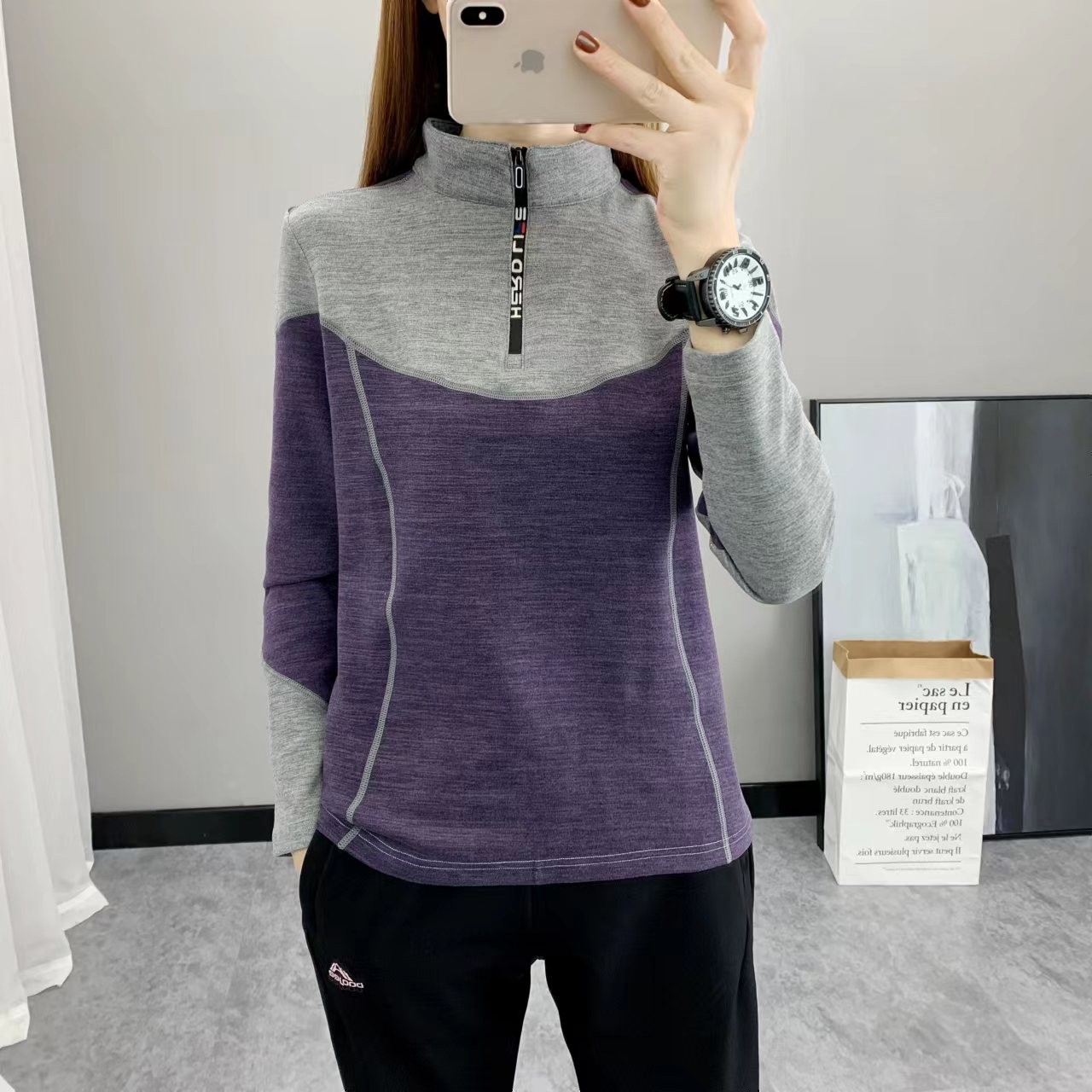 新款双面抓绒卫衣女士运动户外秋冬套头外套开衫立领绒衣长袖T恤