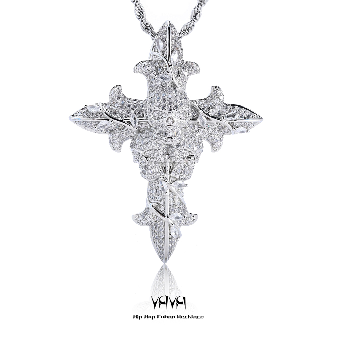 铜锆石吊坠 欧美嘻哈复古骷髅头十字架锆石吊坠潮流百搭男生项链