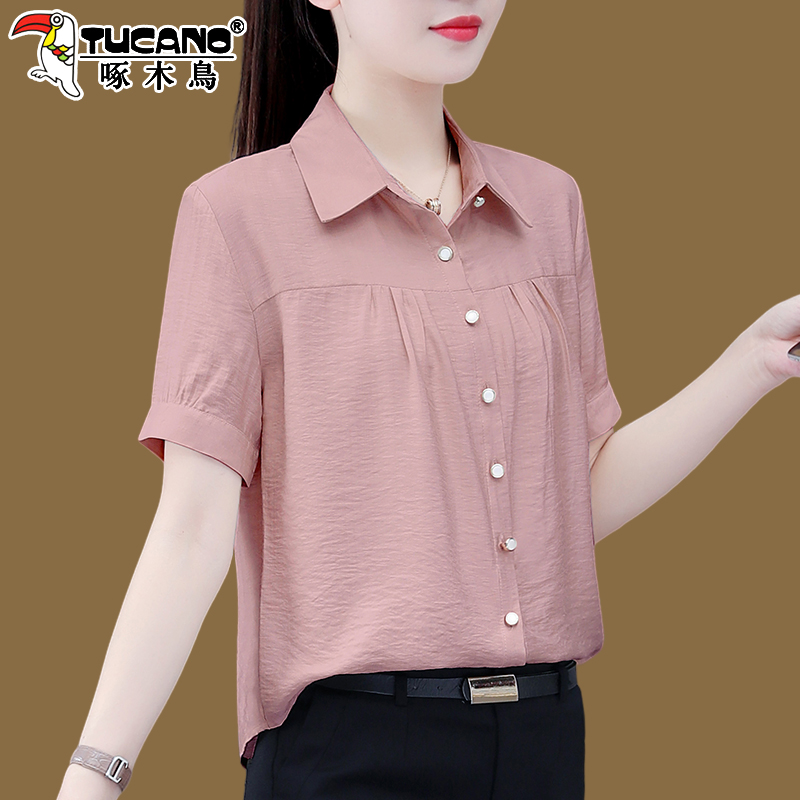 【官方】啄木鸟短袖女衬衫夏季2023新款漂亮雪纺衫宽松遮肚妈妈上衣