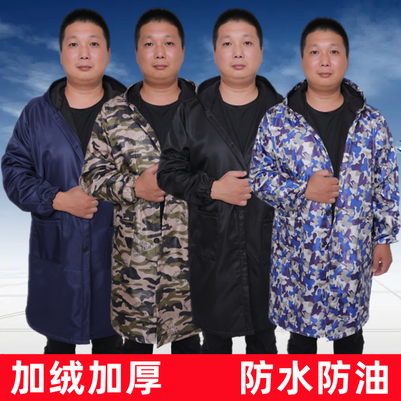 秋冬加绒加厚防水罩衣男士长袖围裙女士迷彩成人大码防油时尚长款