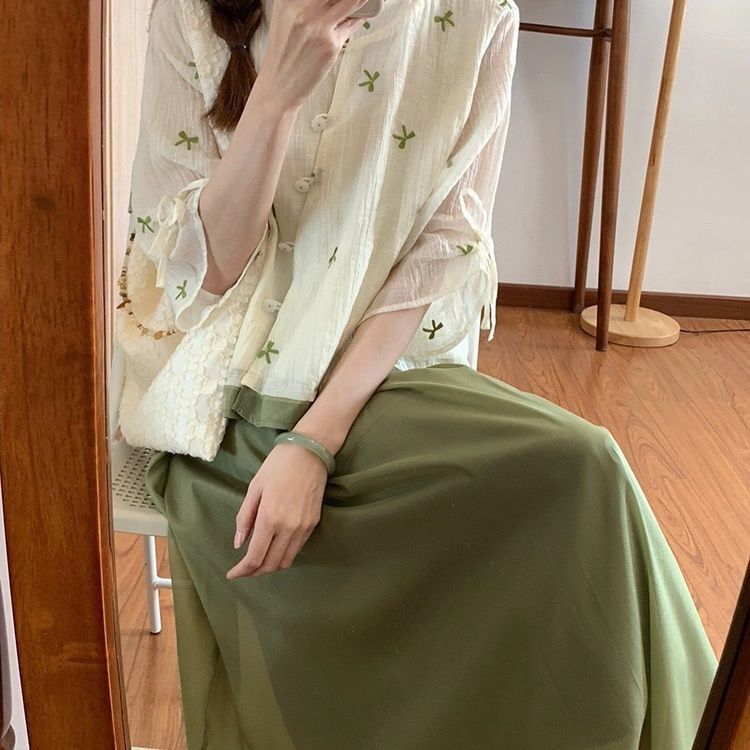 新中式国风套装女夏季新款复古短袖衬衫水墨收腰显瘦半身裙两件套