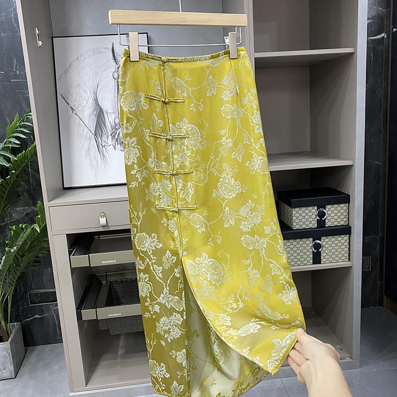 中式高贵优雅气质范高腰开叉盘扣仿提花裙女
