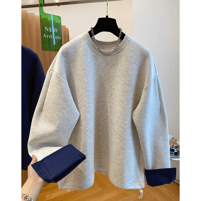 韩国花灰色卫衣女春秋2024新款韩版宽松休闲袖口拼接假两件上衣潮