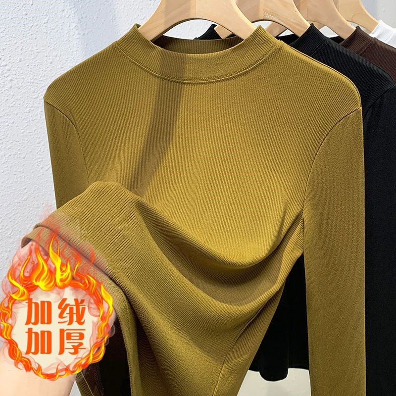 啄木鸟加绒加厚螺纹半高领打底衫内搭秋冬显瘦长袖t恤女生