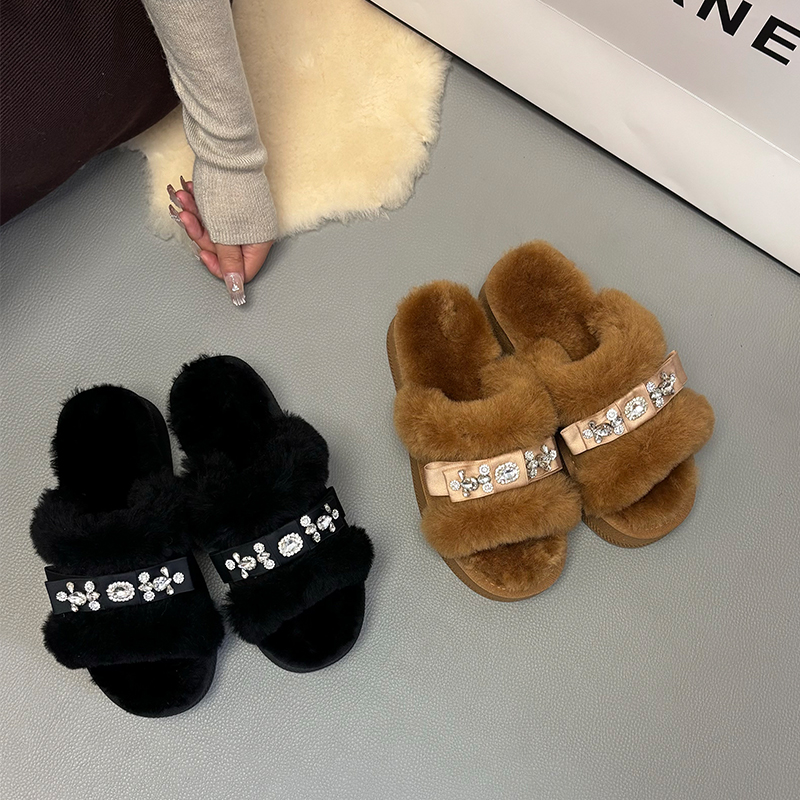 HeiTangMaLin女秋冬一字拖防滑保暖加厚羊毛拖秋冬皮毛一体拖鞋
