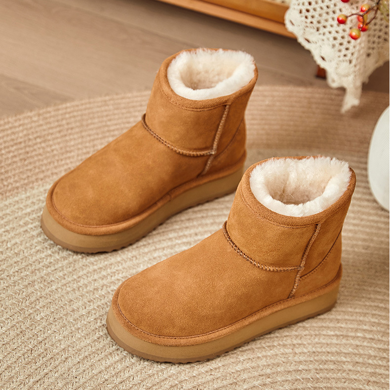 经典款皮毛一体短筒雪地靴女真皮厚底短靴加绒加厚羊毛棉靴