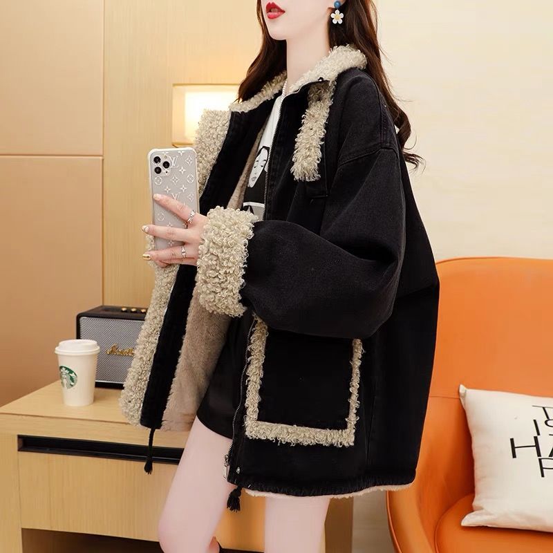 秋冬百搭外套加绒加厚牛仔外套女新款秋冬外穿百搭派克服宽松慵懒