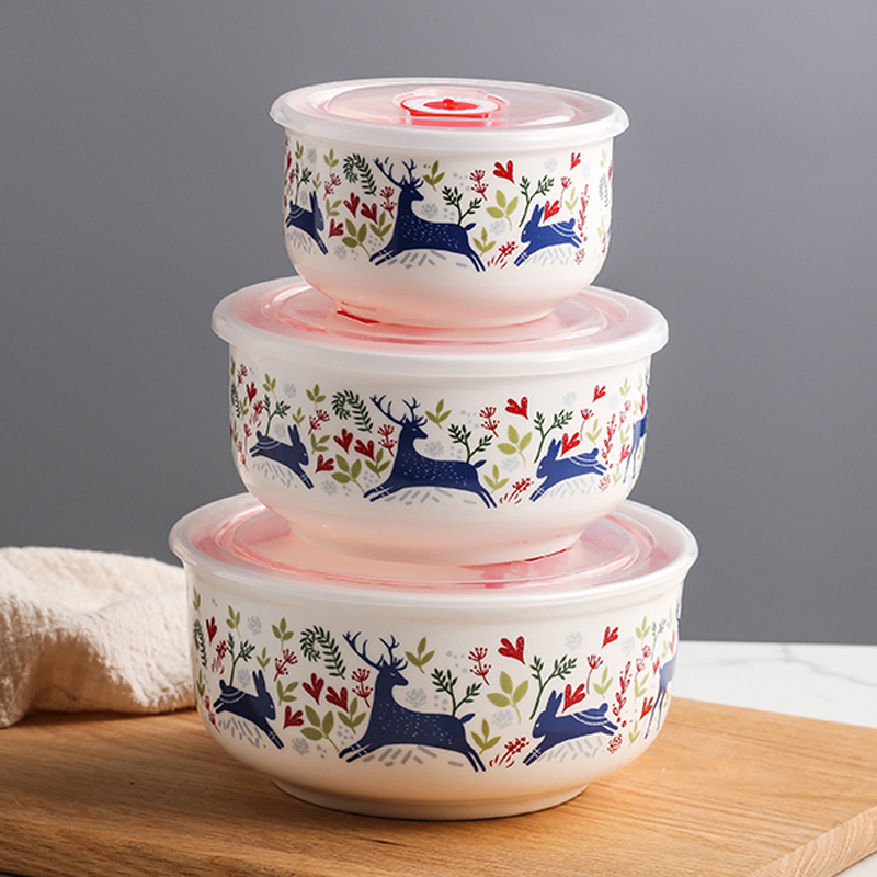 【3件套】微波炉加热专用碗陶瓷碗带盖上班族饭盒便当碗保鲜盒