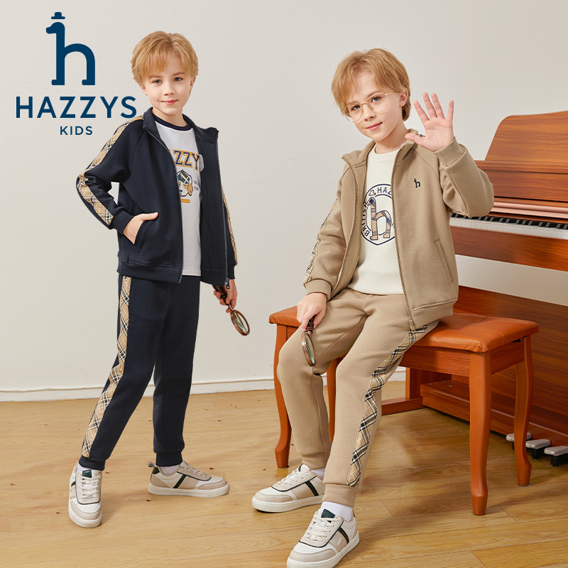 Hazzys/哈吉斯品牌童装男童套装长衣开身长裤中大童秋冬立领格纹