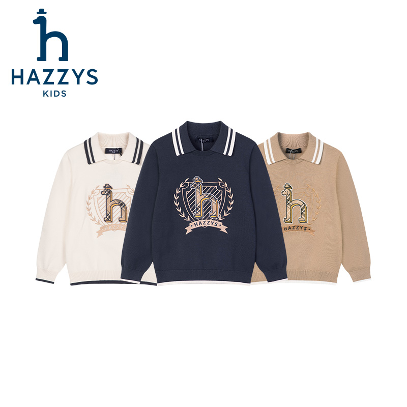 Hazzys/哈吉斯品牌童装男女童针织衫时尚长袖翻领秋冬套头针织衫