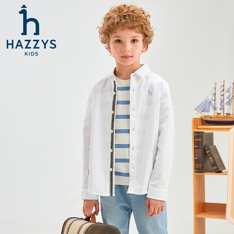Hazzys/哈吉斯品牌童装男童长袖衬衫纯棉经典翻领时尚百搭中大童