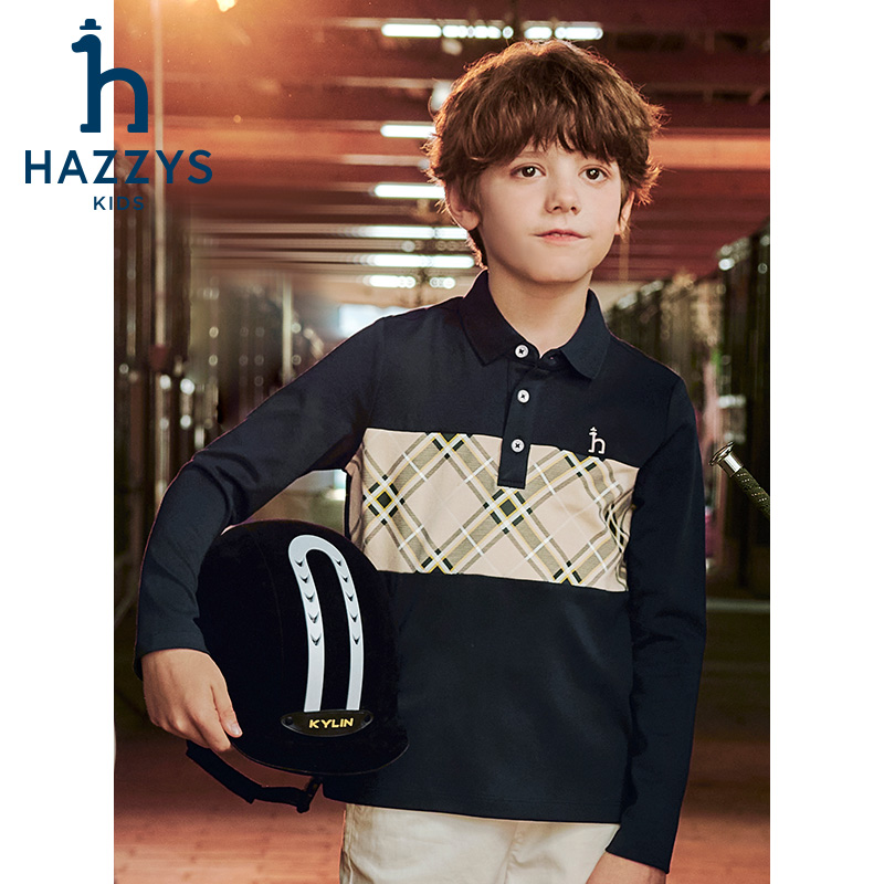 Hazzys/哈吉斯品牌童装男童Polo长袖儿童休闲春季格子翻领撞色