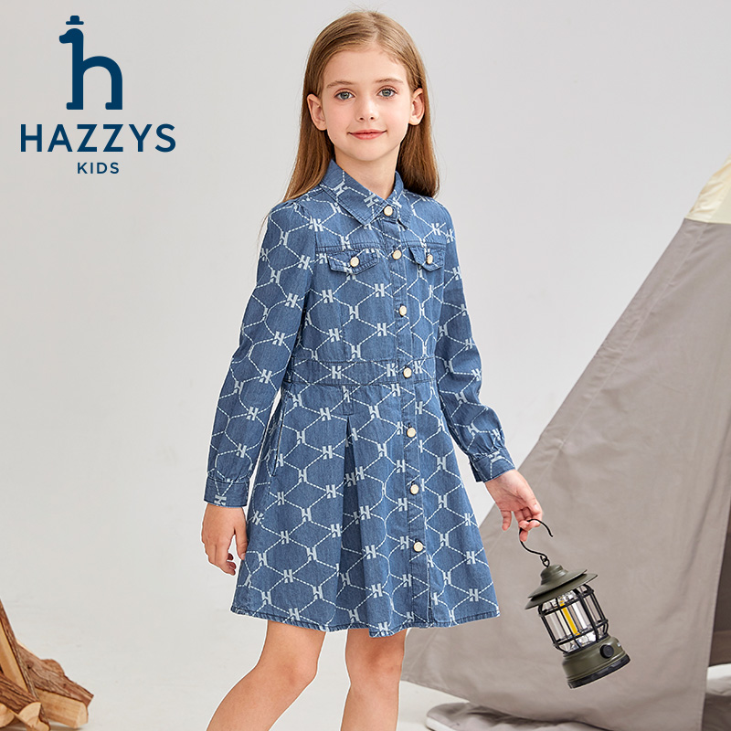 Hazzys/哈吉斯品牌童装女童牛仔连衣裙长袖春秋洋气时尚儿童秋季