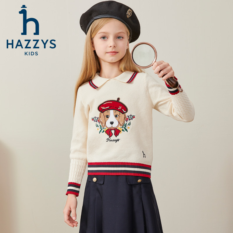 Hazzys/哈吉斯女童针织衫童装卡通线衣套头毛衣针织翻领学院风