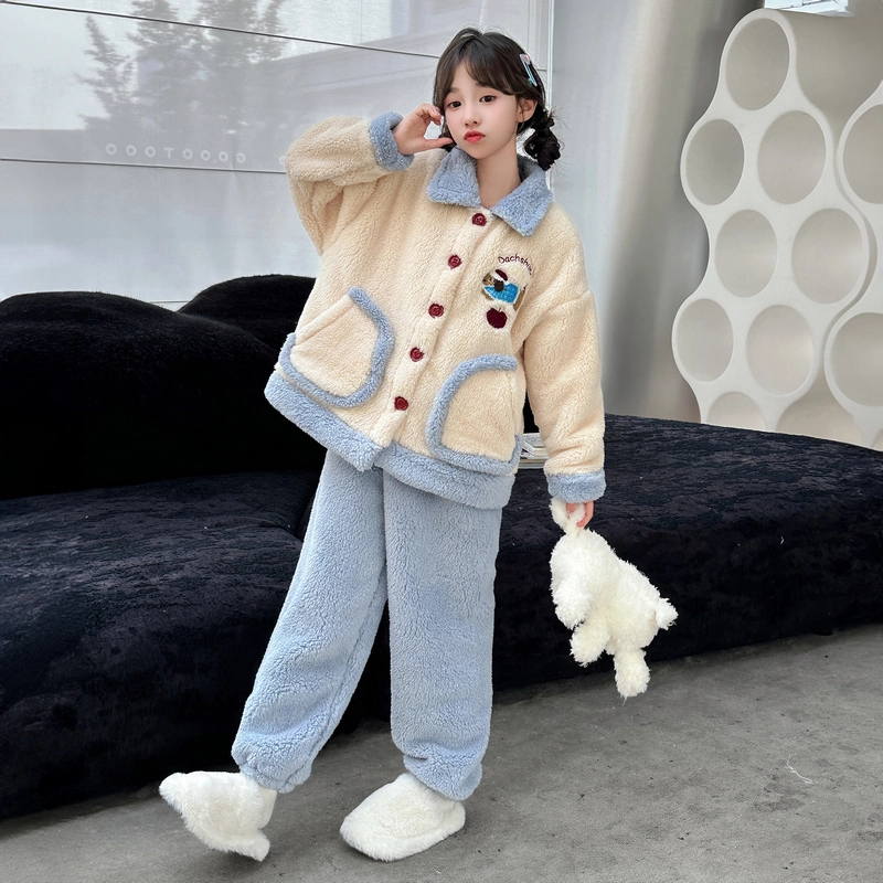 女童家居服套装珊瑚绒卡通可爱2024新款儿童装女孩睡衣半边法兰绒