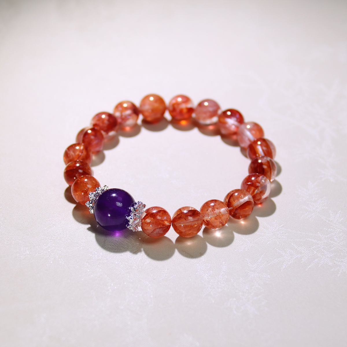 <九紫离火(红胶花水晶版)>配紫水晶卡9-10mm水晶手串+