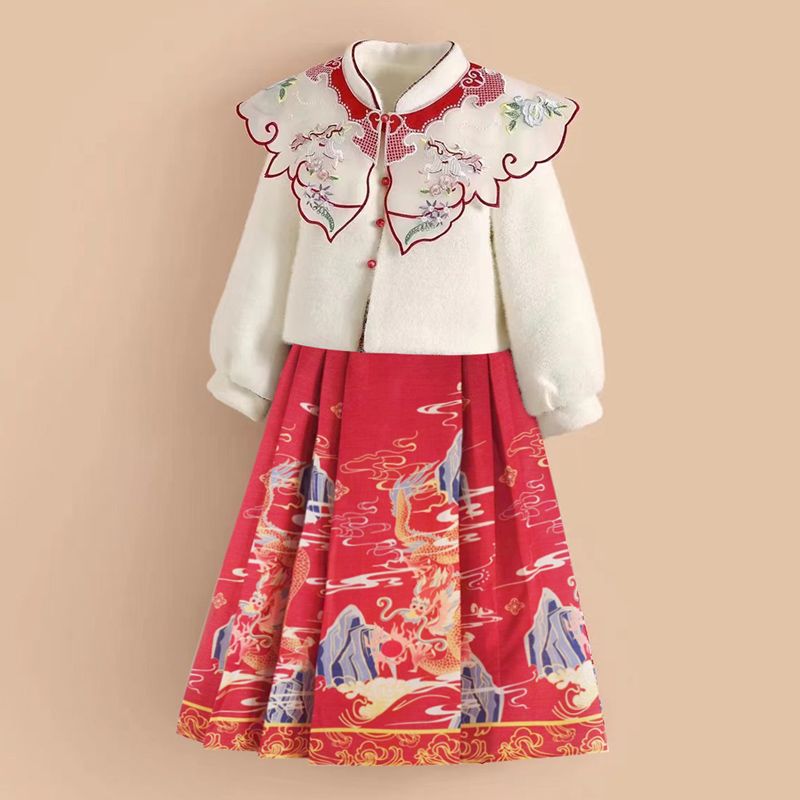 女童秋冬季马面裙套装2023秋新款加绒汉服儿童中式唐装加厚拜年服