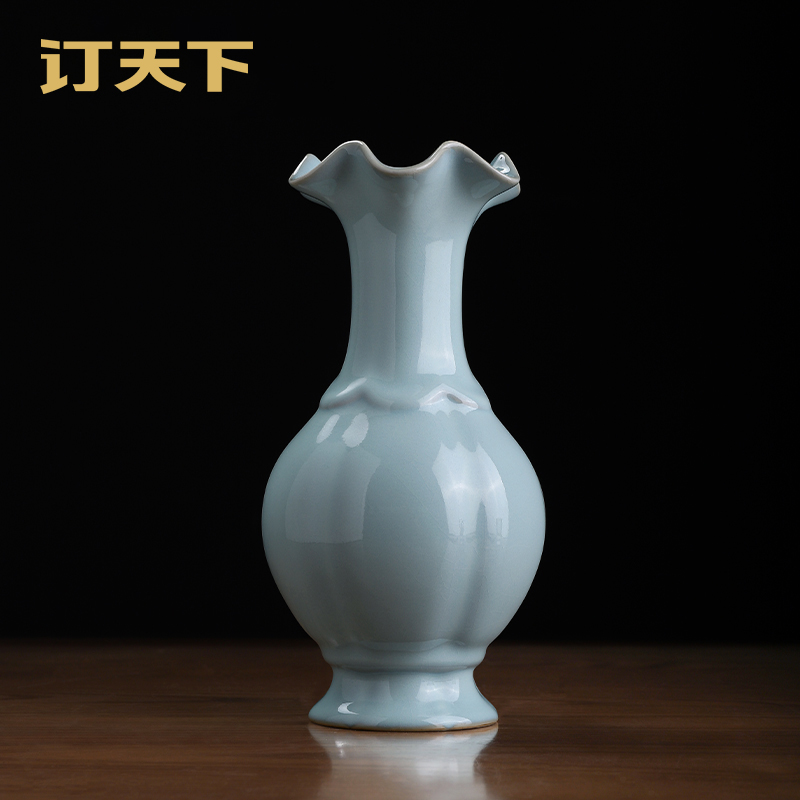 订天下天青汝瓷汝窑荷叶口瓶花瓶摆件工艺品客厅酒柜陶瓷花瓶装饰