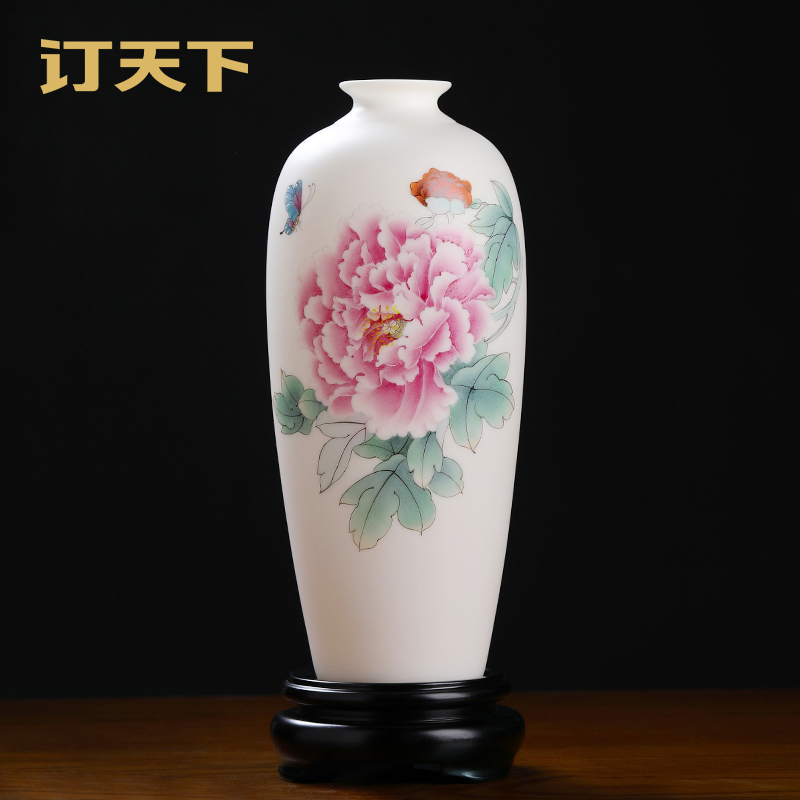国色天香手绘牡丹小寿瓶陶瓷花瓶工艺品客厅博古架装饰送朋友礼物