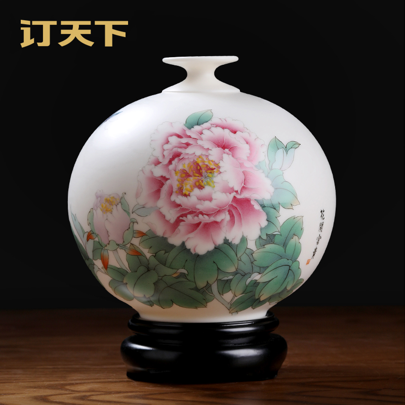 订天下国色天香手绘羊脂玉瓷天地方圆瓶中式客厅博古架装饰花瓶