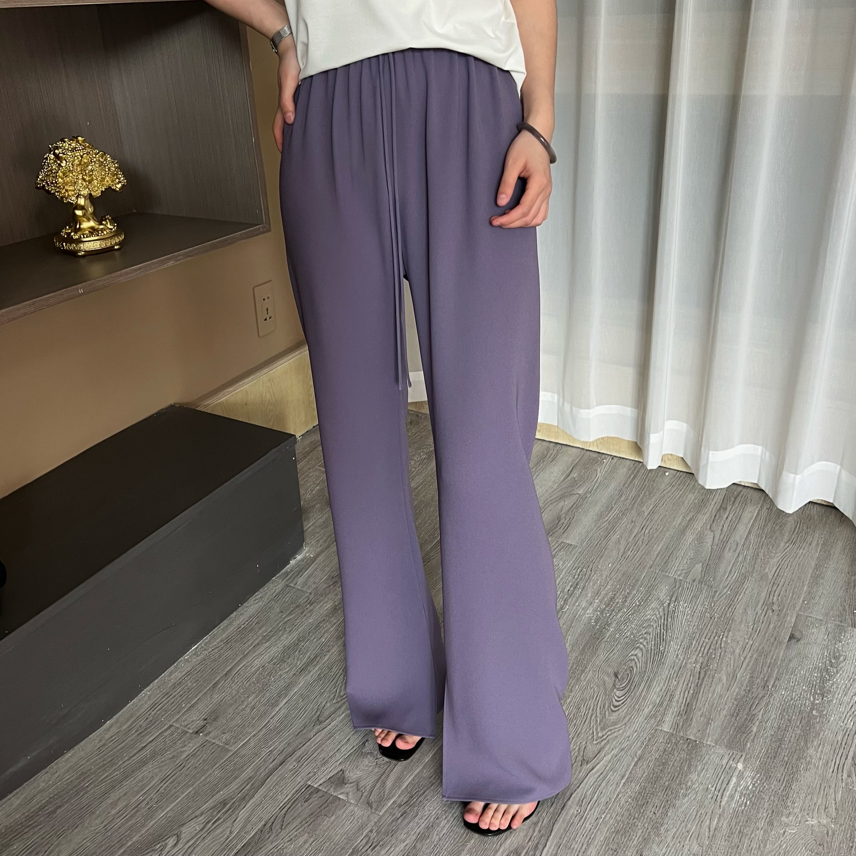 【进口醋酸】气质显瘦微喇纯色百搭开叉休闲裤直筒女士长裤8765K