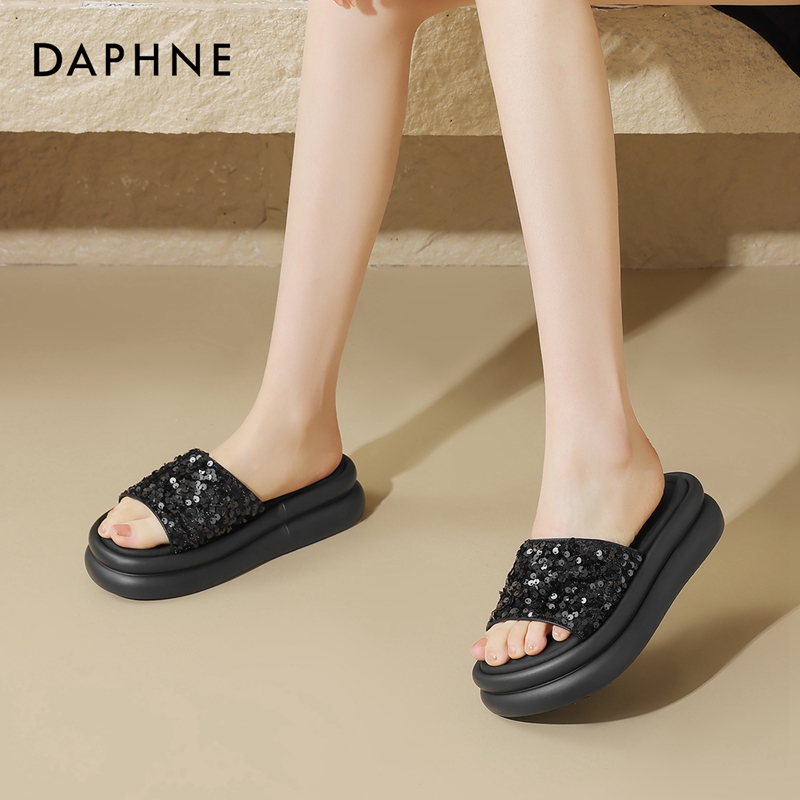 达芙妮女式厚底夏季透气时尚舒适百搭圆头外穿仙女小香风一字拖鞋