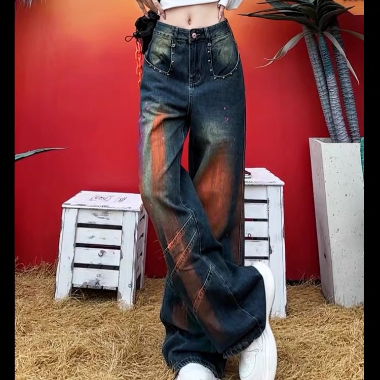 手绘涂鸦潮牌个性高街风美式涂鸦牛仔裤女（非图片款）牛01-50