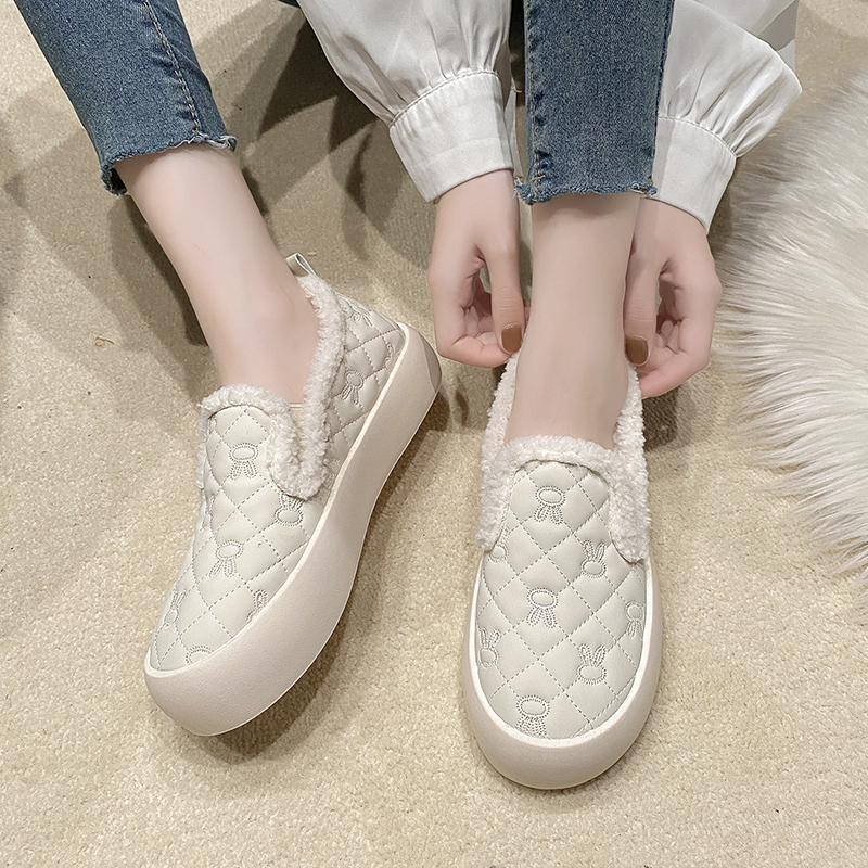 厚底乐福鞋女秋2023新款单鞋一脚蹬棉鞋女冬季加绒女鞋保暖豆豆鞋